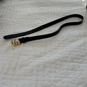 Gucci Thin Black Leather Belt with Gold Buckle